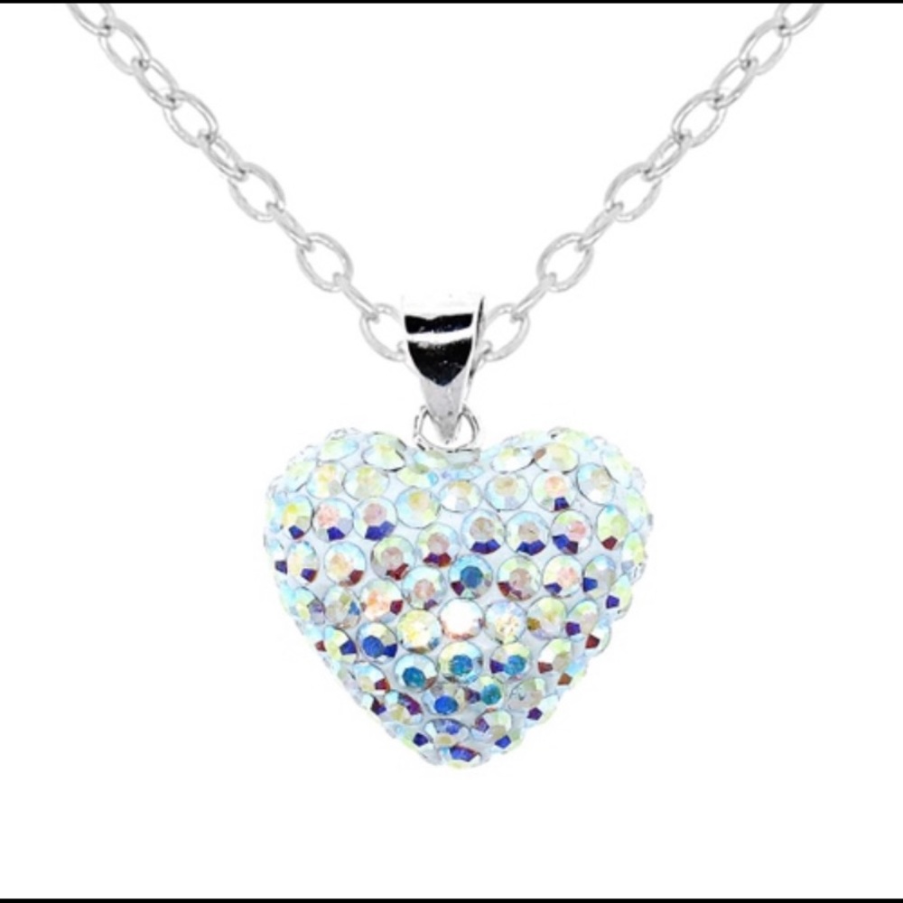 Sterling Silver AB Crystal Puff Heart Necklace